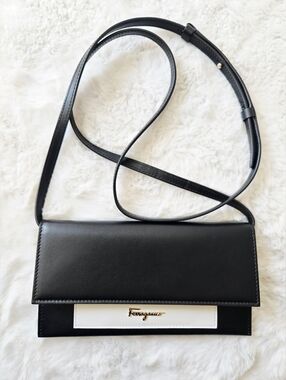 Salvatore Ferragamo Black and White Leather Slim Flap Crossbody
